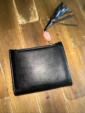 Steve Madden Black Leather Card Case with Tassel and Pink Bead …Carried 1 time.